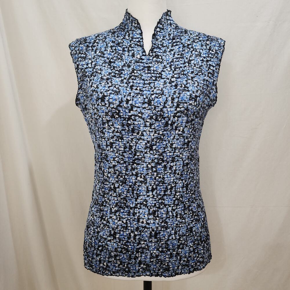 Vintage Casual Corner Annex Floral Blue Black Mandarin Crinkle Top 90s Y2K Large